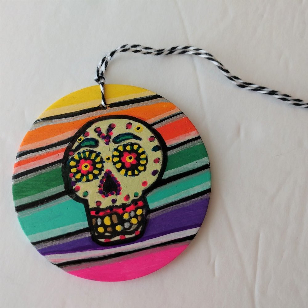 Handmade Ornament with Hand Painted Sugar Skull and Stripes For Dia De Muertos